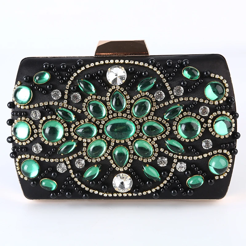 Factory direct wholesale vintage gem crystal Satin fabric handmade beaded lady evening bag clutch for party  banquet prom