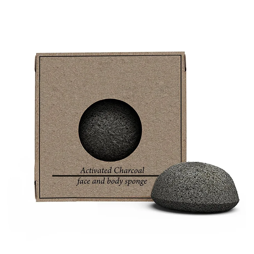 Натуральная бамбуковая Коньячная губка с древесным углем для чувствительной, жирной и подверженной акне кожи для мягкой и глубокой очистки и отшелушивания