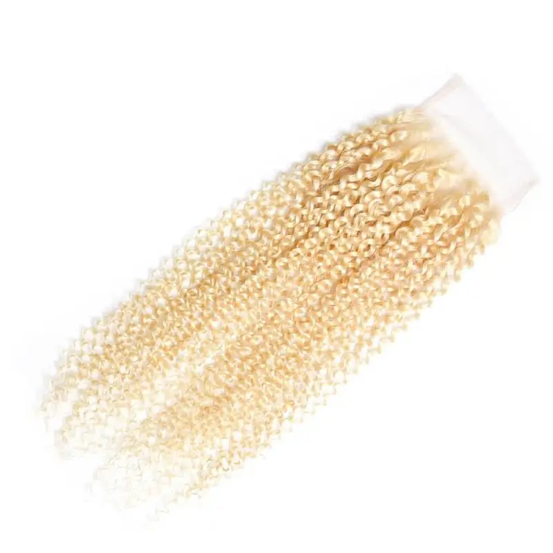 Quality 100% human hair blonde kinky curly hair bundles with closure