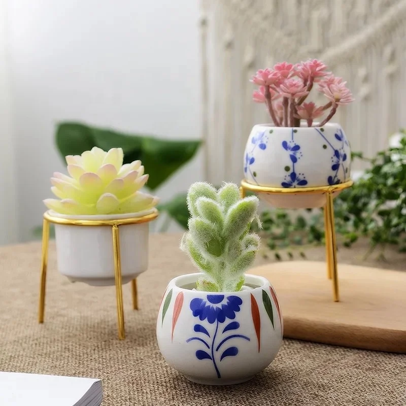 Home decoration mini pots ceramic iron stand