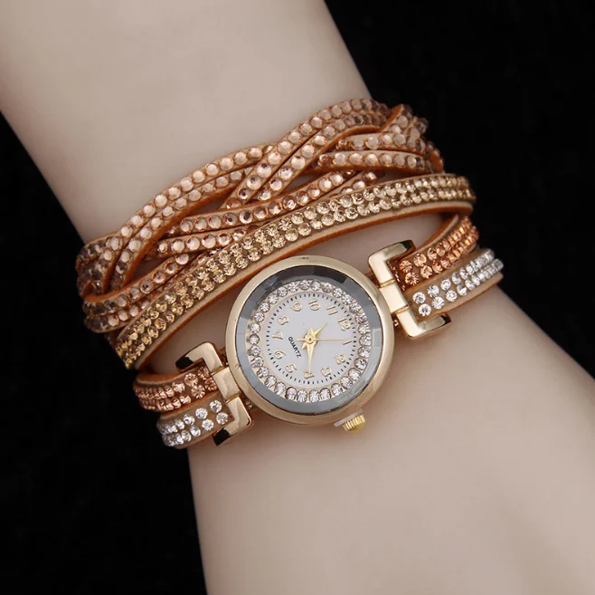 Fashion Luxurious twist leather full rhinestone quartz Watch for women Dress gold ladies casual women bracelet watch