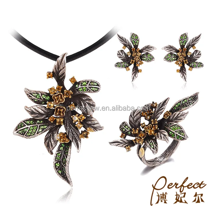 925 Sterling Silver Jewelry Cute Topaz Diopside Flower Set with Black Gold Plated