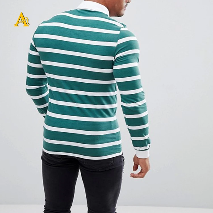 
Fashion High Quality Men Cotton White and Green Stripe T Shirt Long Sleeve Polo Shirt 