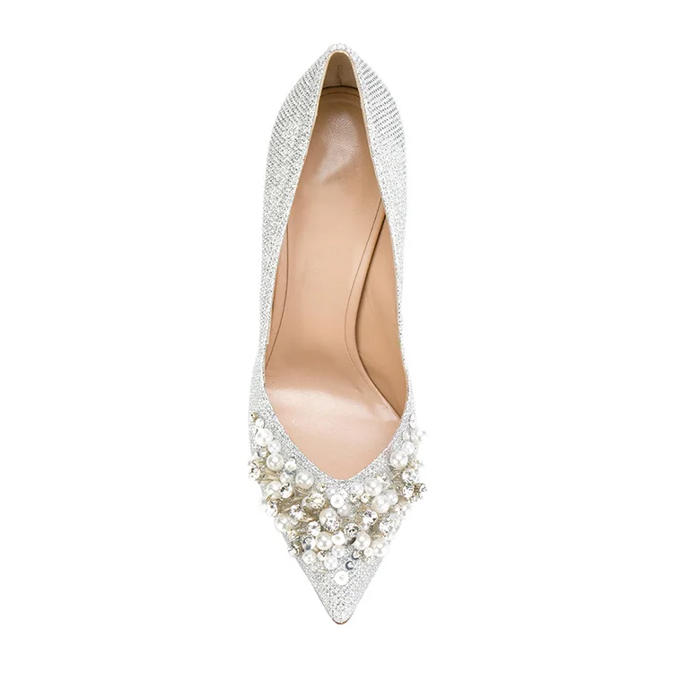 Fashion silver glitter with pearls diamante glitter high heels pumps bridal wedding women dress shoes