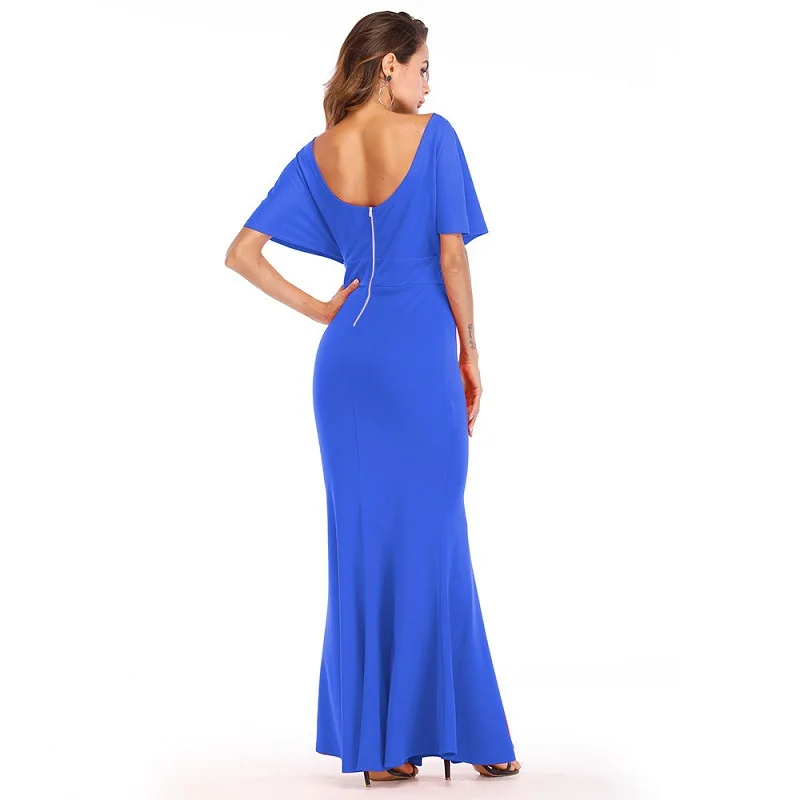 2018 Hot sale solid simple but elegant short sleeve women Maxi long evening dresses