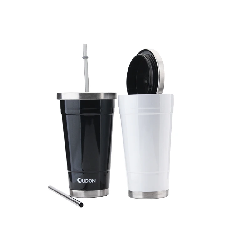 Custom double wall insulated stainless steel straw cup vacuum tumbler mug drinking cup with metal straw