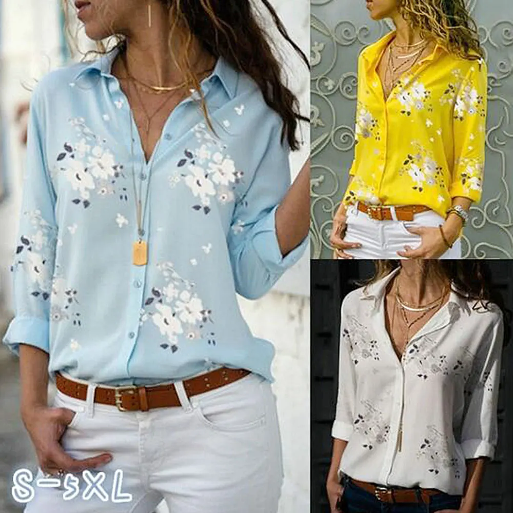 Best Selling Unique Design Chiffon Shirt New Fashion Women Elegance Floral Slim Shirt Collar Long Sleeve Button Office Shirt Cas