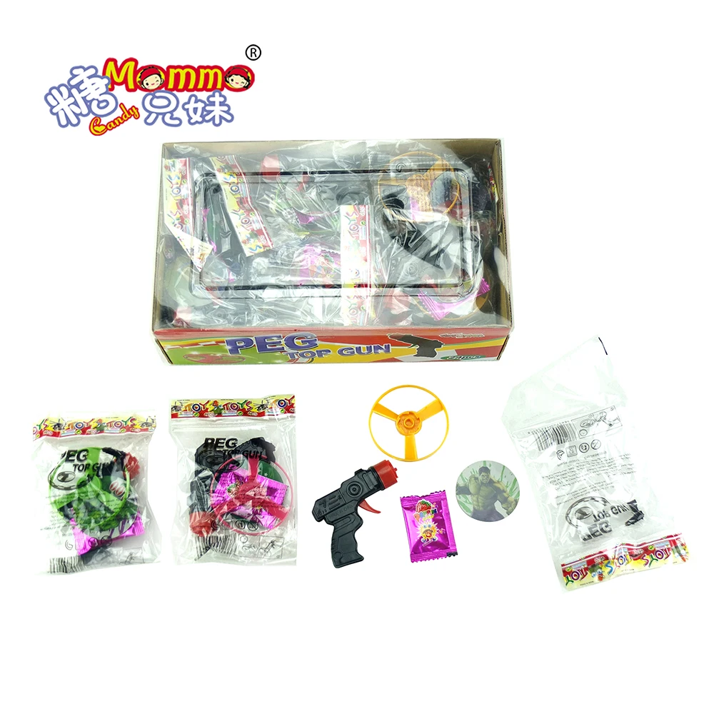 Box pack cartoon shooting flying gyro PEG top mini black gun toy candy