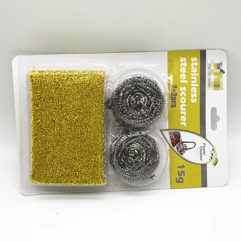 Value kitchen cleaning set contain 2pcs stainless steel scourer and 2pcs PET mesh sponge scourer double-sided scrub