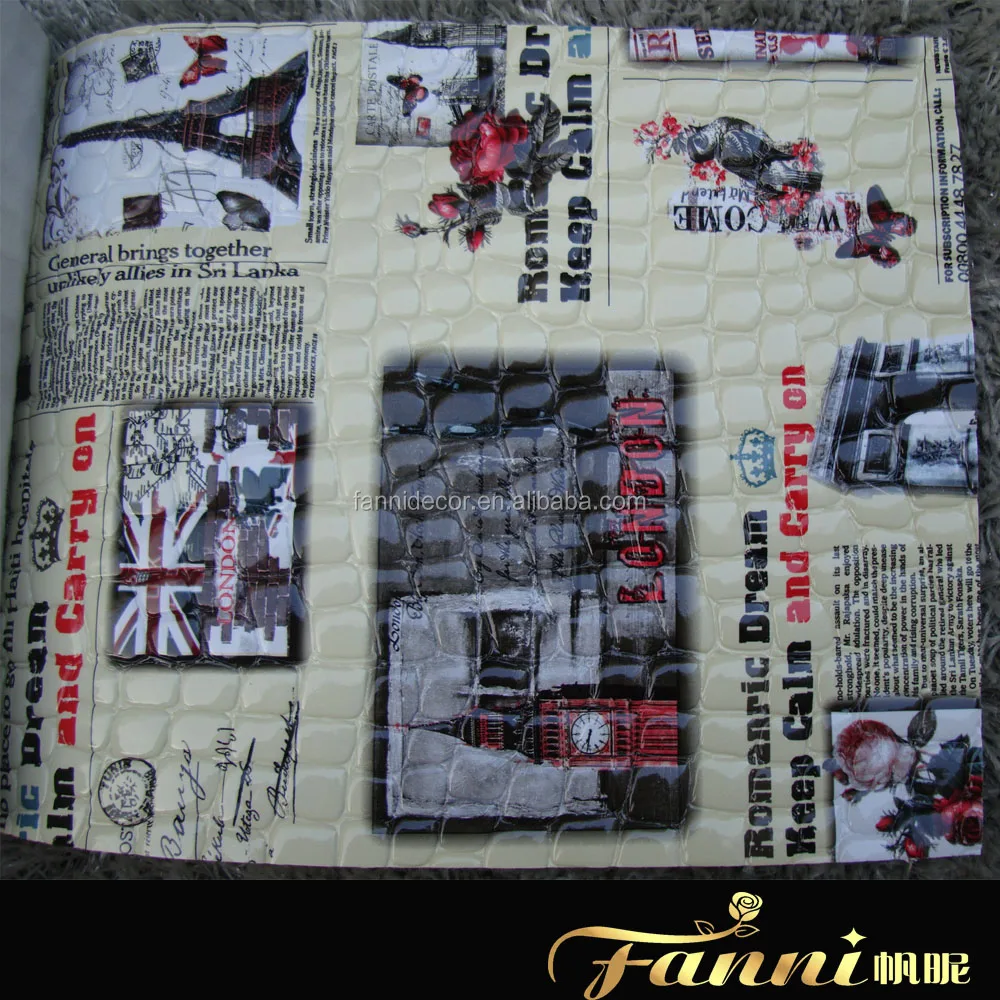 Retro Newspaper Style Faux Leather Fabric USA Flag Printed PVC Leather Newspaper Printed Synthetic Leather