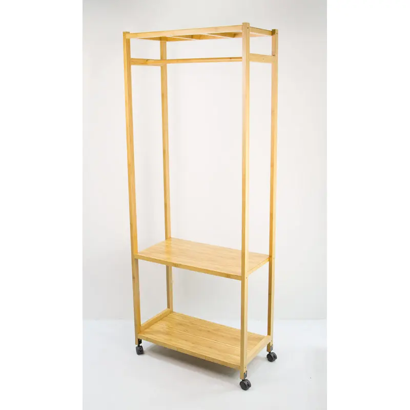 
BAMBKIN Bamboo 2-tier storage coat rack with shoe rack shelves clothes hanger standing with wheel 