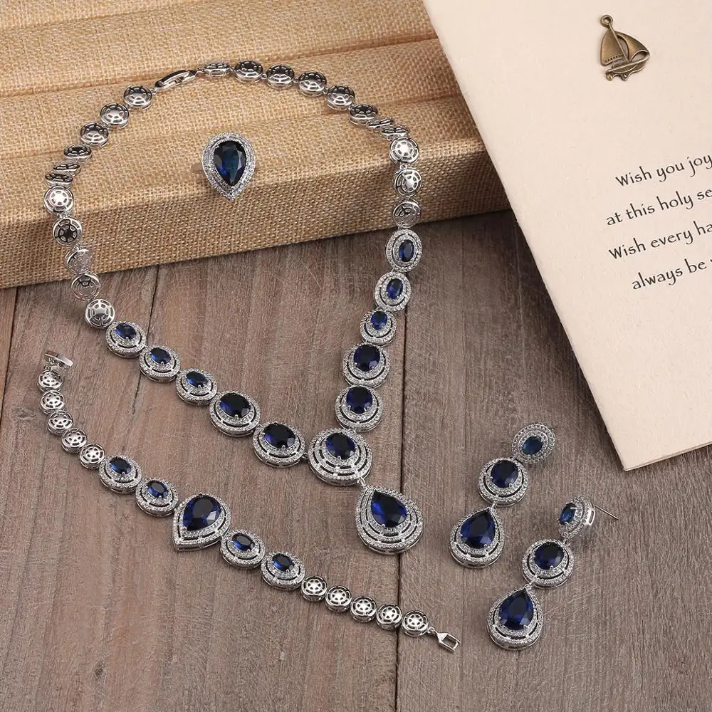 Luxury Blue Sapphire CZ Necklace Earrings Jewelry Set Women Bridal Blue Oval Cubic Zirconia Jewellery Set