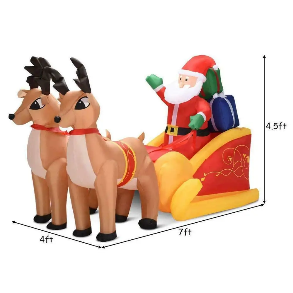 Long Christmas Inflatable Santa on Sleigh 2 Reindeer Yard Decoration Supplies