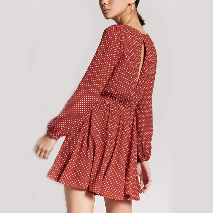 Latest Design Long Peasant Sleeve Polka Dot Mini Skater Dresses For Women