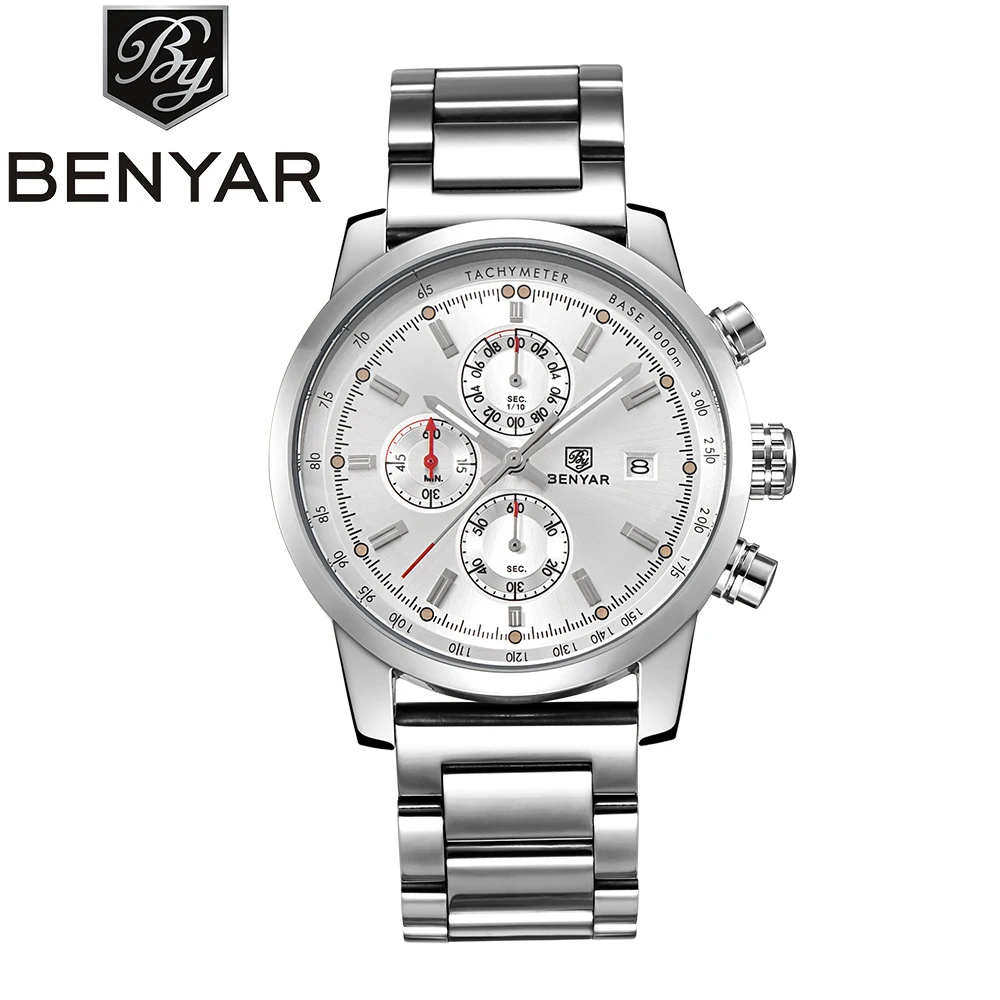 BENYAR Brand Watch Chronograph Sport stainless steel band alloy case Men Quartz Date Watches