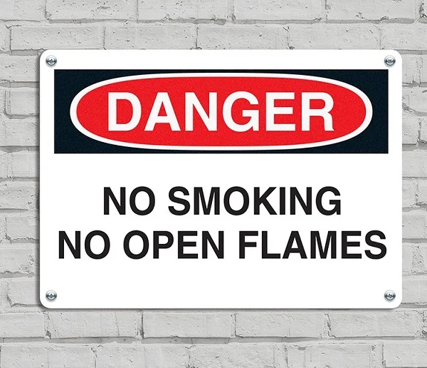 No smoking no open flames Danger metal signs mounted on wall black and red painted 4 holes on corner