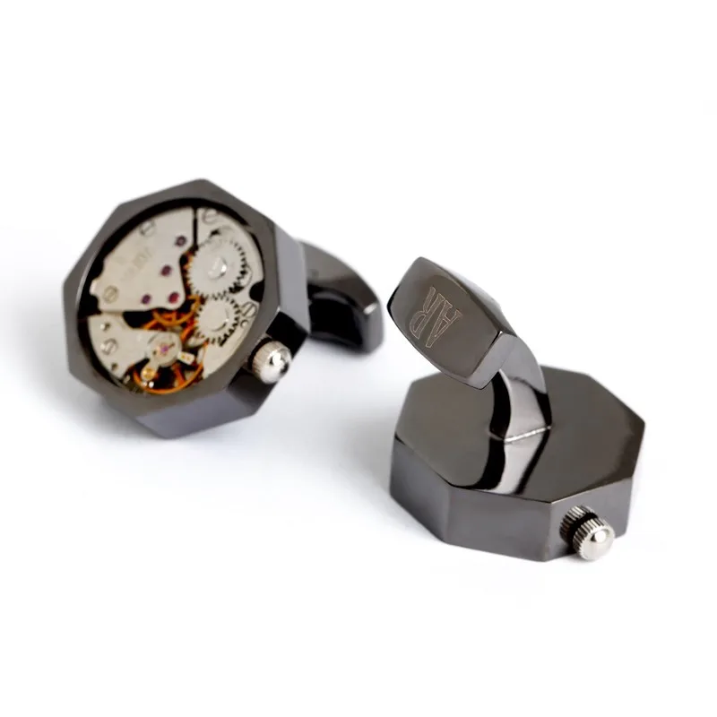 Steampunk mechanical Watch Cufflinks 3D Gunmetal Black Clockwork movements Cuff Links Man Jewelry Wedding Gift