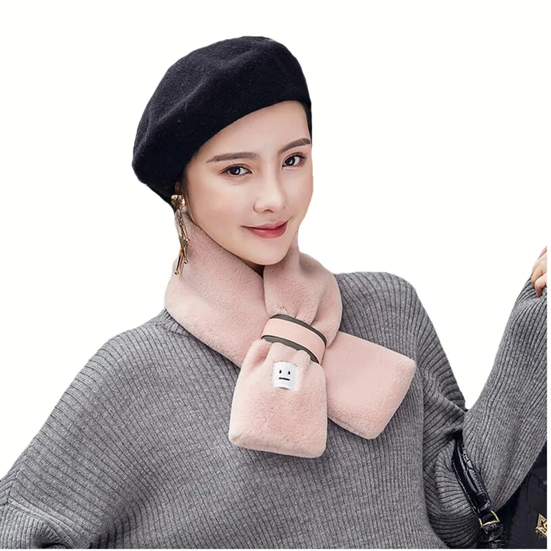 South Korea Design Imitation Fur Soft Scarf Winter Warm Fleece Scarfs Women Simple Style Multi Fur Smiling Face Scarves