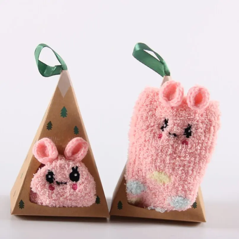 Cute Animal Pattern Winter Fleece Baby Socks with Triangle Gift Box Free Size for Kid Toddlers and Christmas