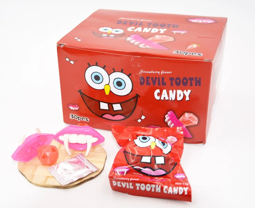 Halloween Devil Tooth Shaped Popping Candy Lollipops Diamond Hard Candy  with Toy