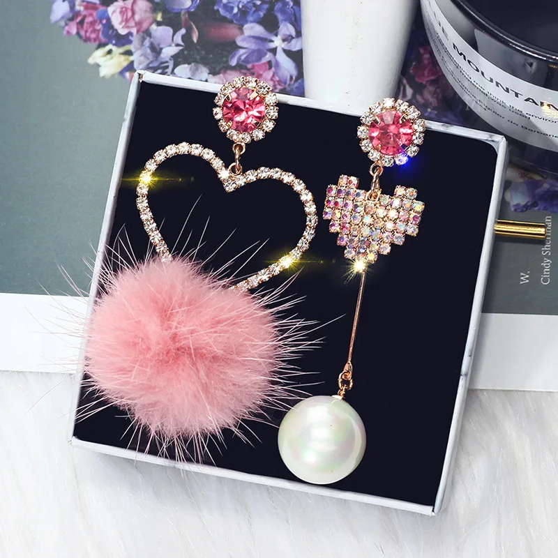 fashion crystal heart shaped drop earrings pom pom fur ball earrings Korean plush ball earrings