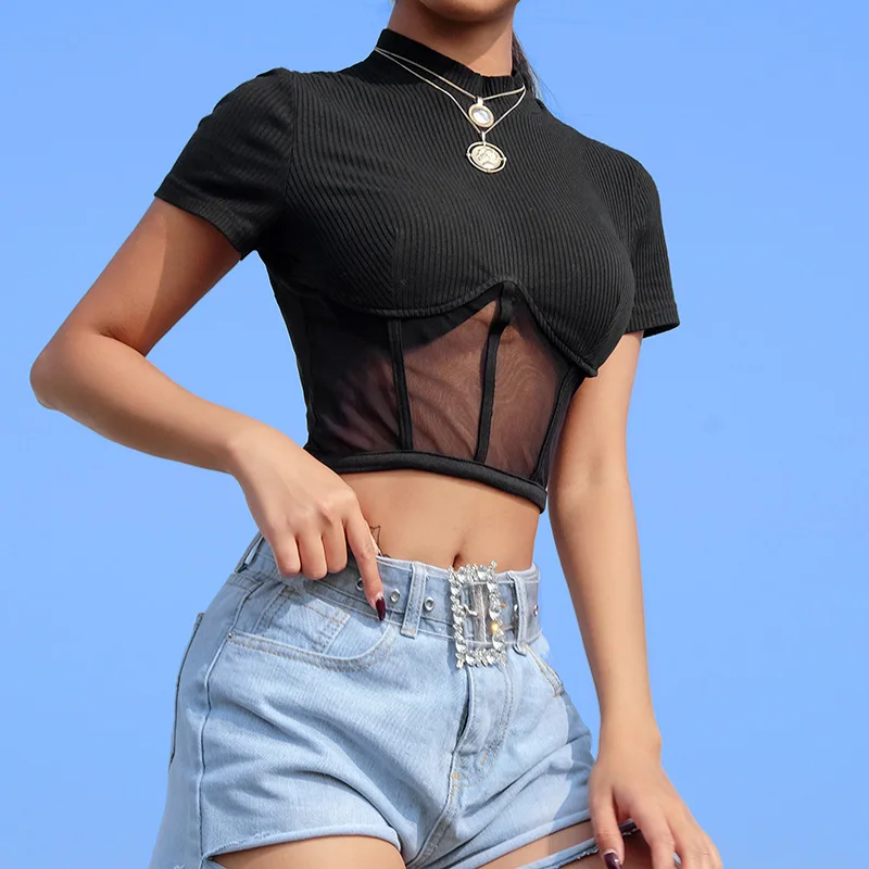 
wholesale women sexy black high neck elastic splicing mesh short sleeve crop 95%Cotton 5%Spandex t shirt 