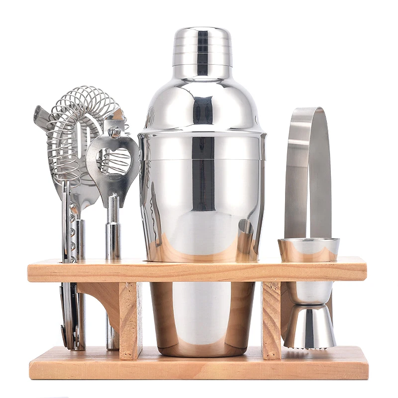 Wood holder 7 pcs hippocampal knife stainless steel cocktail shaker set luxury bartender set