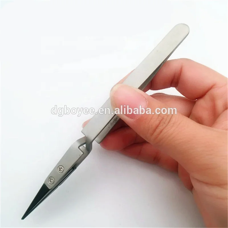 ESD reverse action tweezers straight and curved replaceable top anti-static tweezers