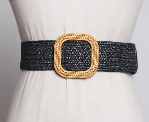 
New fashion elastic straw braided women raffia belts with imitate rattan wood buckle 