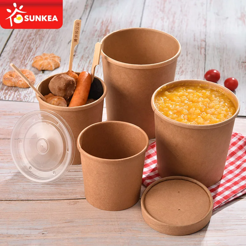 Biodegradable Disposable Kraft Paper Brown Hot Soup Bucket with Lid