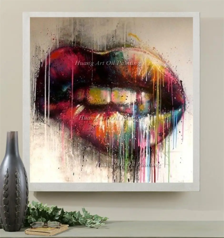 Professional Artist Handmade Colorful Lip Oil Painting on Canvas Modern Sexy Lips Art Picture for Wall Decor Hang Painting