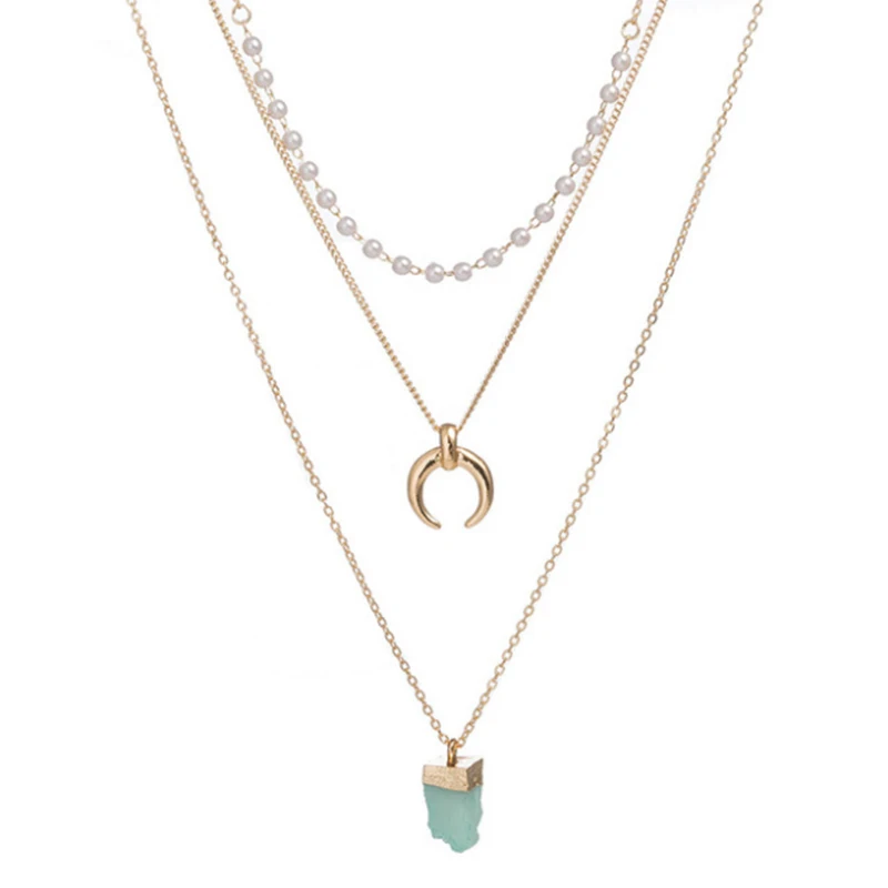 Multi Layer Fresh Water Pearl Necklace 14K Gold Jewelry Wholesale With Round Disc Pendant