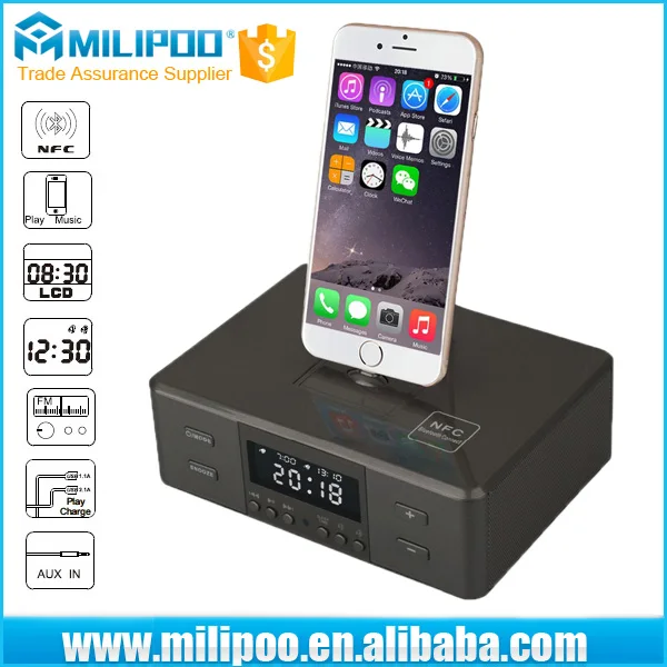 Premium Compact 8-pin/30-Pin/Micro Charging Speaker Dock with FM Radio, Alarm Clock, NFC Blue-tooth speaker