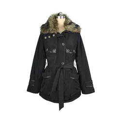 Women Winter Parka Black Tight Jacket with Imitation Fur Trim