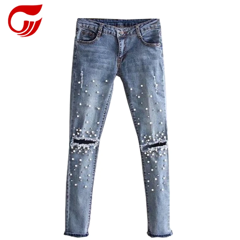 Модные рваные повседневные женские джинсы с жемчугом