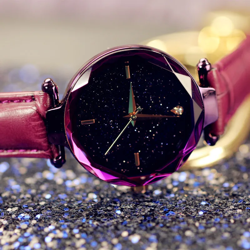 2018top brand attractive design lady watch rose gold star-studded face hombre reloj prism-shaped bezel fashion leather orologio