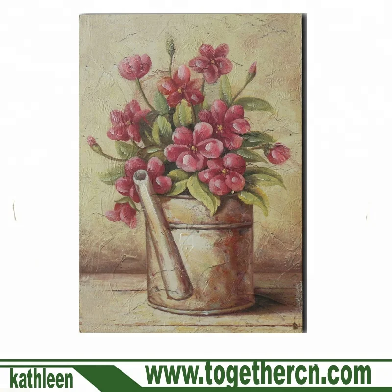 
Wall Hanging Rustic Vintage Hand 3D Painted Red Small FLower in Metal Vase Wooden Frame 