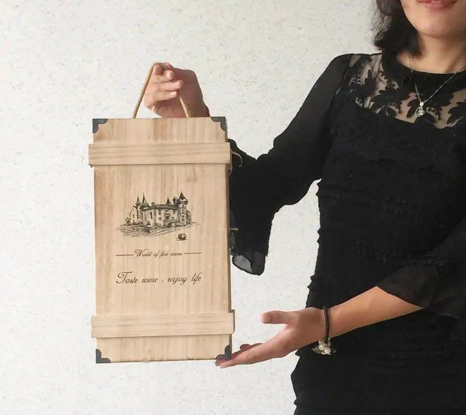 Vintage Handmade Wood Wine Box Holder for 2 Bottles With Handle Wine Gift Box