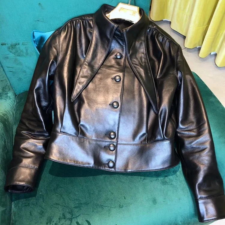 Korean Style Girls Real Lambskin Leather Shirt Spring Unique High Street Design Leather Blouse Ladies Leather Short Jacket