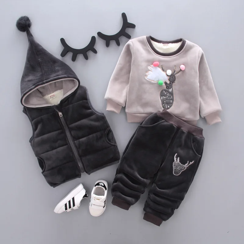 Winter warm fleeced 3 pcs sika deer kids set 2 years new born clothes baby girl