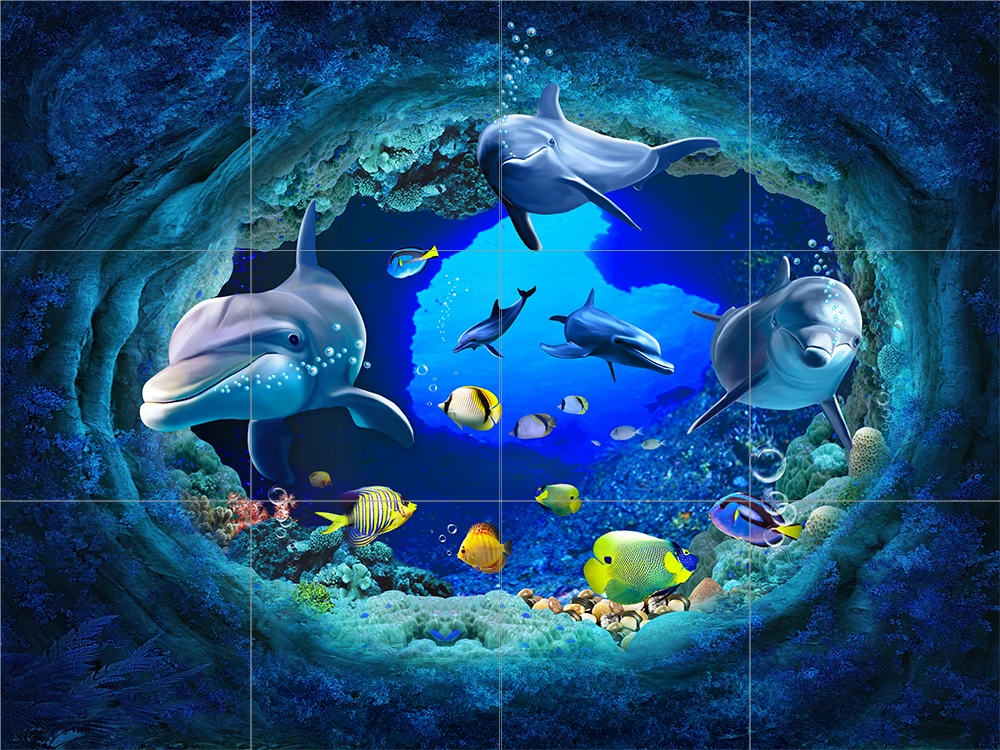 Ocean Blue Glazed Bathroom 3D Digital Porcelain Wall and Floor Dolphin Tiles