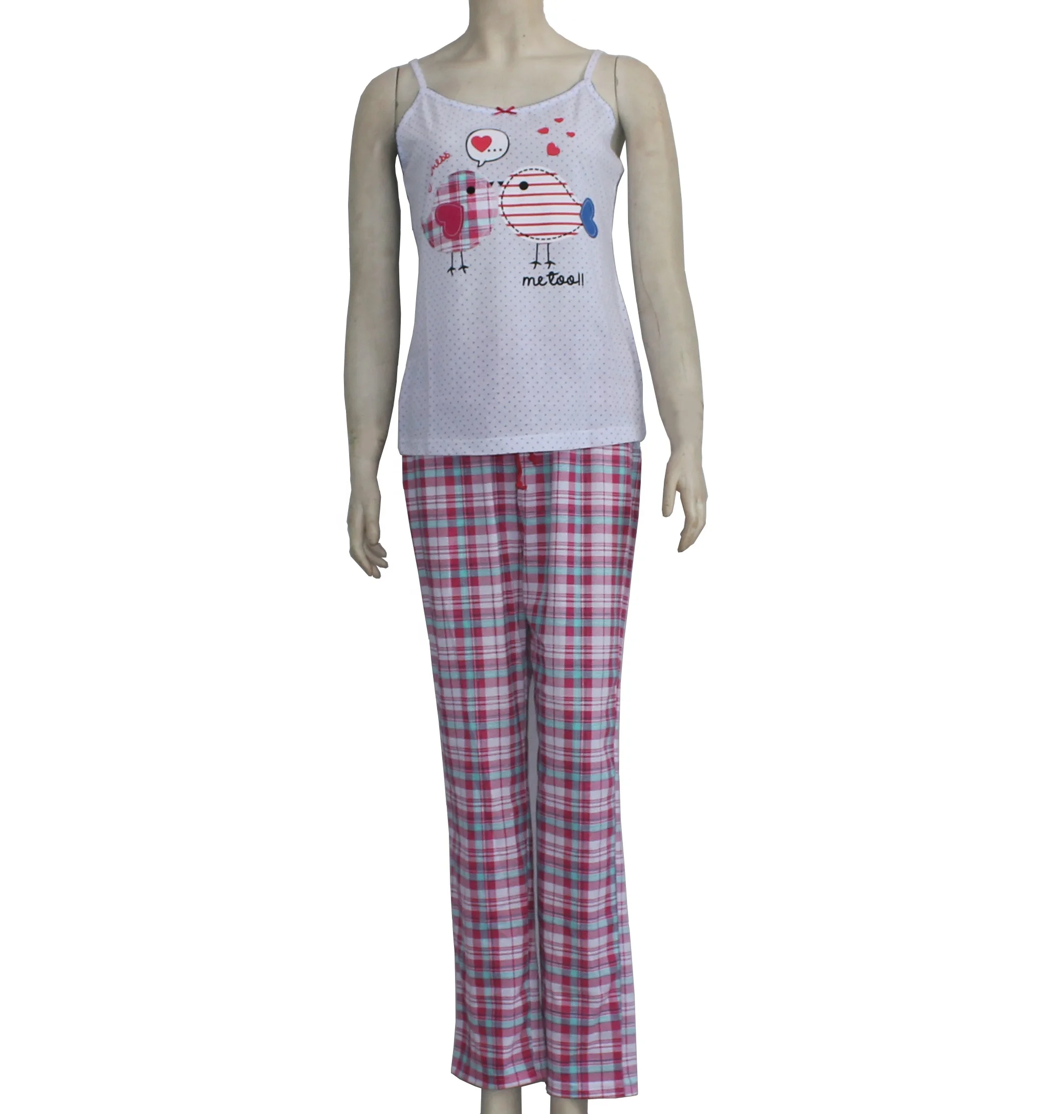 Ladies pyjamas in round neck short sleeve tee shirt and long pants with full elastic waistband homewear