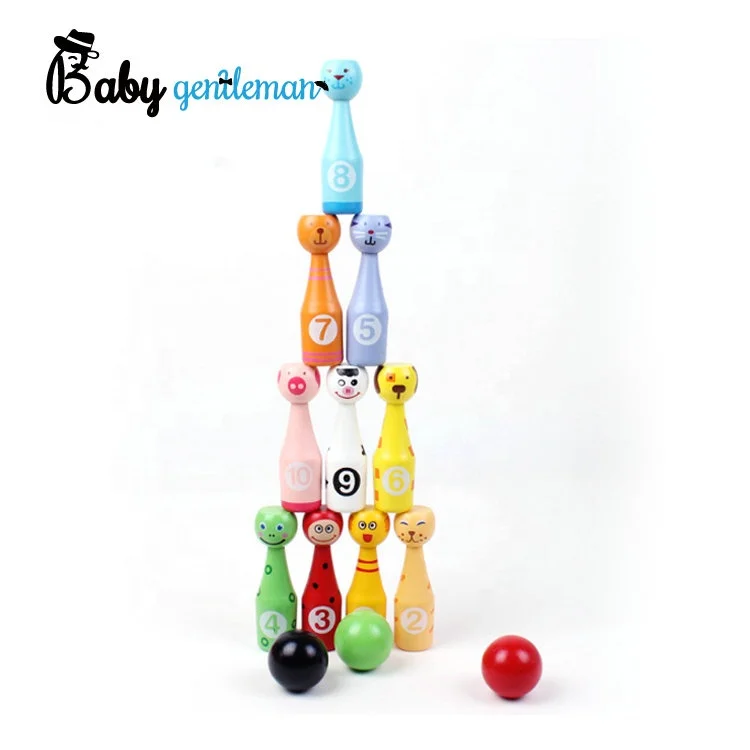 Hot selling kids indoor sports toy colorful cartoon animal wooden bowling set Z01316A