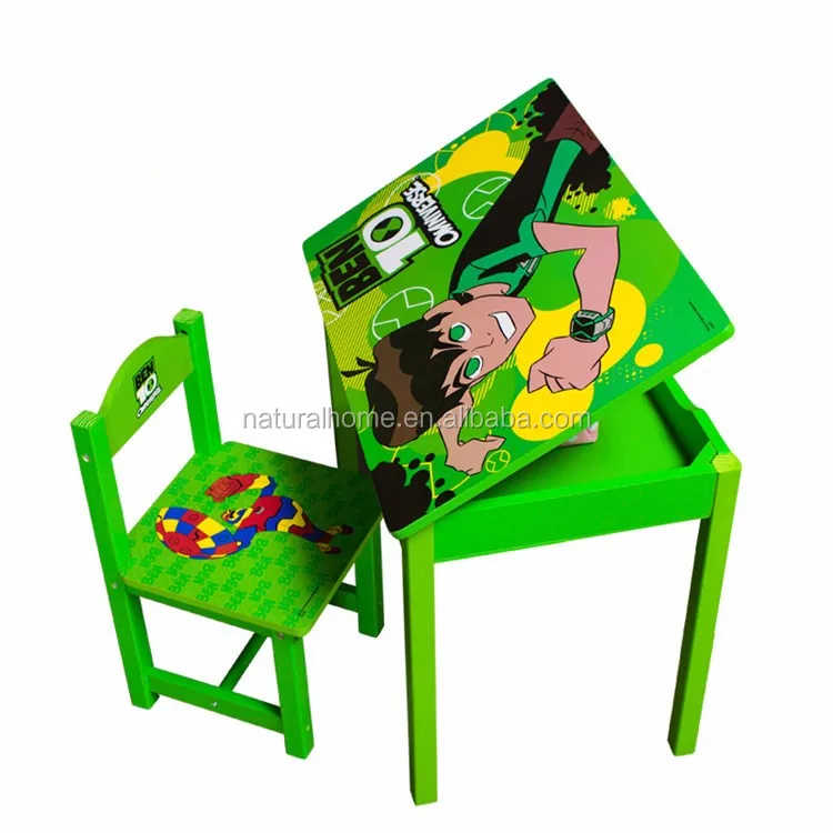 
New Design Children Study Table Chair With Drawer Cute Cartoon Printing High Quality Wooden Student Table Chairs 