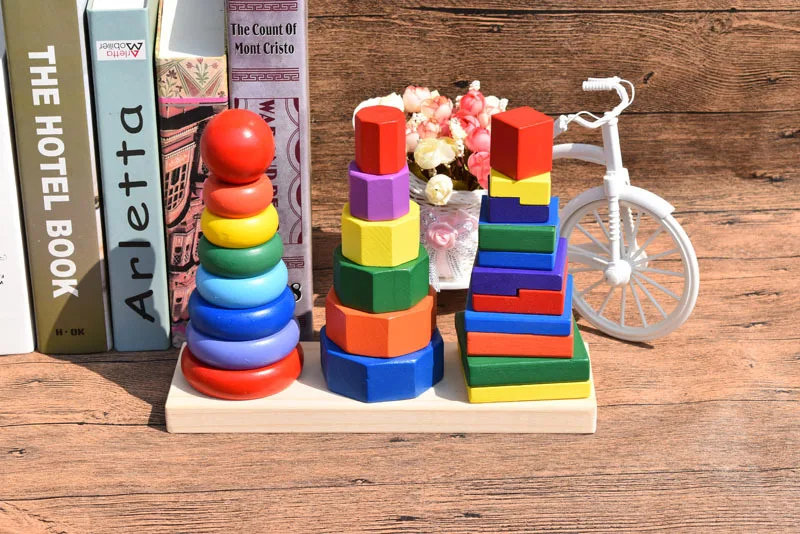 Geometric set column tower Mongolian early education teaching aids colorful building blocks wooden geometric toys for Kids