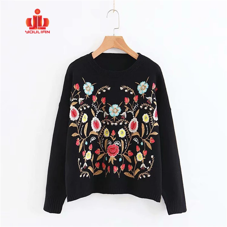 Embroidered Knit Oversized Crew Neck Long Sleeve Pullover Unique Korean Style Women Floral Sweater
