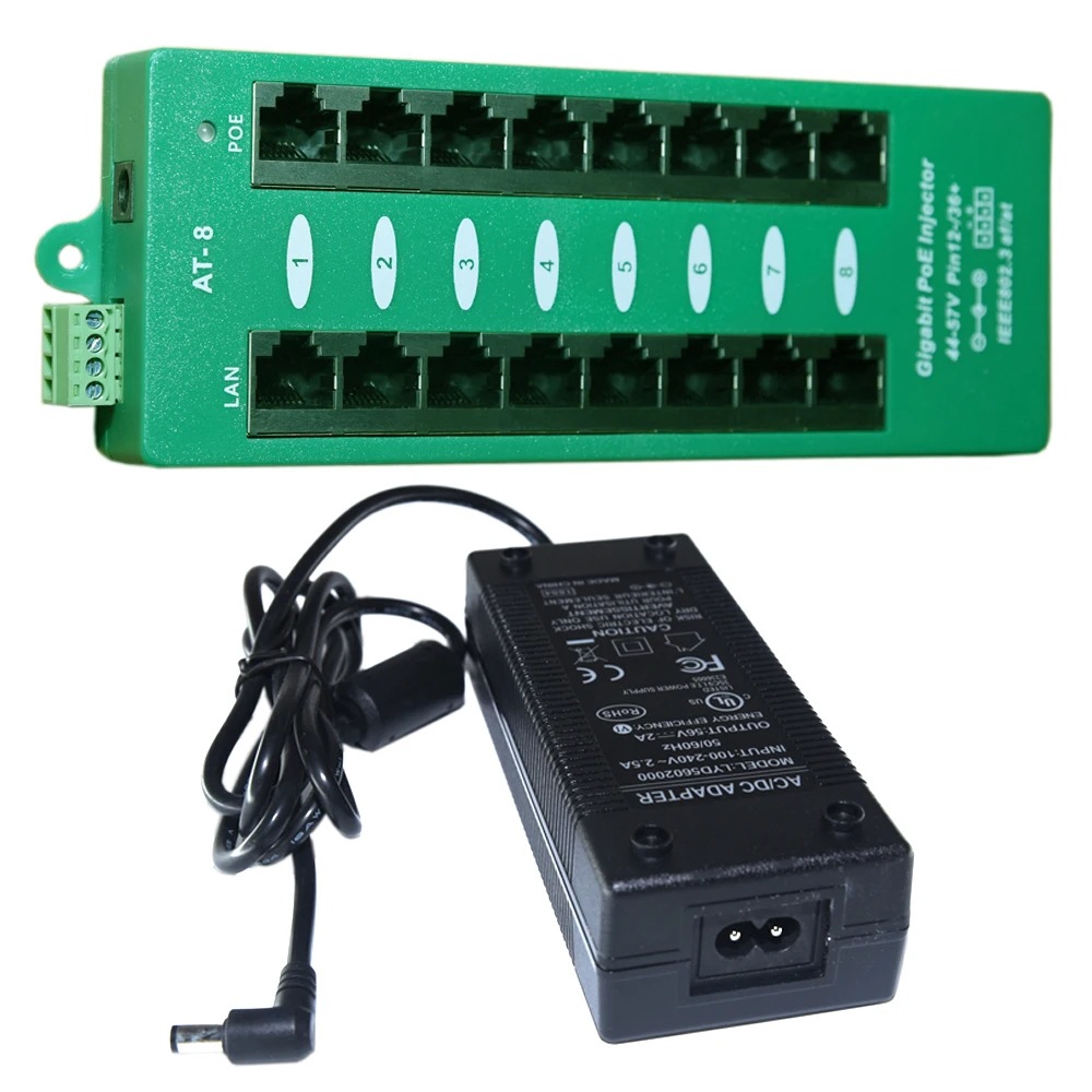 Gigabit 802.3af 802.3AT 56volt 120watt Active PoE Injector 8 port