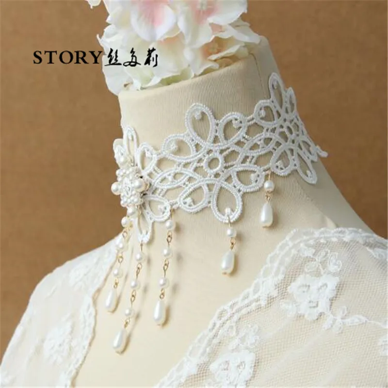 2018 Japan Fashion Pearl Beaded Handmade Sexy White Lace Wide Necklace Collar Neck Choker