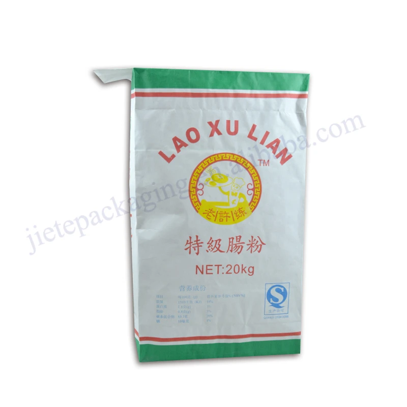 Multilayer white kraft paper wheat flour packaging bag 20kg for corn,potato flour,starch