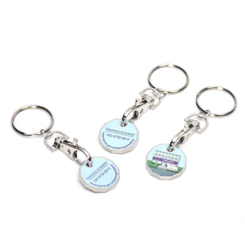 Embossed Stamping Metal Pound Holder Keyring Trolley With Logo Locks Euro Shopping Cart Coin Keychain